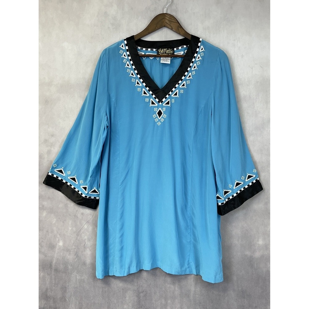 Vintage Bob Mackie Silk Tunic Top Women Large Embroidered Boho Global Artsy Chic